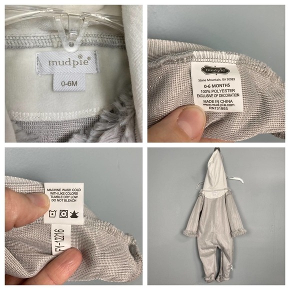 MUD Pie Size Soft Silky Gray Teddy Bear Snowsuit Wooden Buttons Size 0-6 mos - Picture 7 of 12